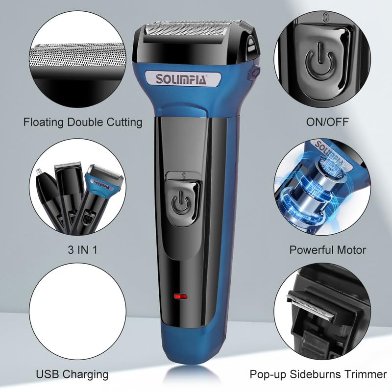 SOLIMPIA HT-672 3-in-1 Rechargeable Shaver Hair Clipper & Nose Trimmer Set, Beard & Moustaches Hair Machine Hair Clipper, Shaver & Nose Trimmer with Precision Blades, Blue - Image 3