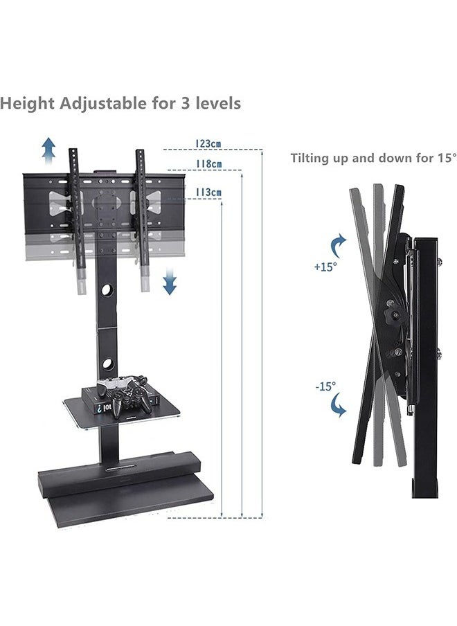 WISFOR - Black Floor TV Stand TV Mount Shelf for 32-65 Inch LED OLED LCD Screens Adjustable Monitor Holder Stand with 2 Tier Shelves Loading up to 30KG Max VESA 600x400MM - Image 1