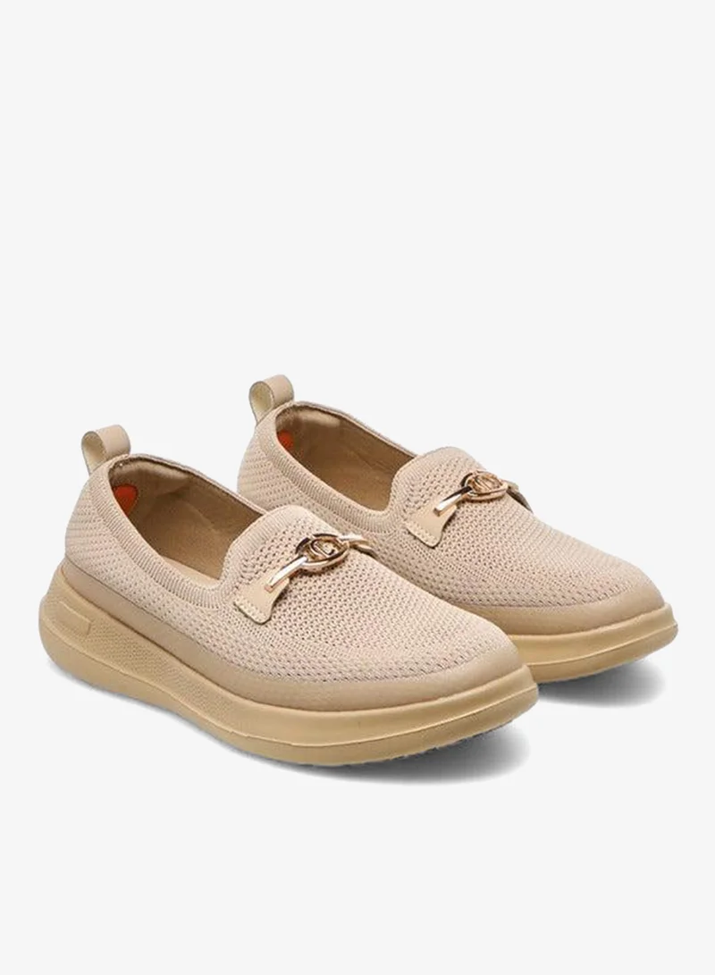 Le Confort BEIGE Women's Metal Accent Flyknit Slip-On Loafers with Pull Tabs for Women | Best Price UAE