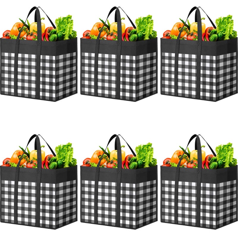WOWBOX WOWBOX Reusable Grocery Bags 6-Pack  Foldable Reusable Shopping Tote Bags bulk with Reinforced Handles Large Storage Bags with Water Resistant Coating for Groceries Multipurpose Black-White - Image 1