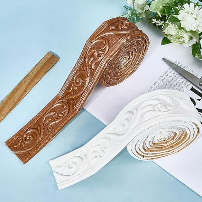 2PCS 2 COLORS 7.4FT X2IN CROWN WALL MOLDING TRIM WHITE BROWN SELF ADHESIVE PEEL AND STICK WALLPAPER BORDER GRAIN CONTACT FLEXIBLE XPE BENDABLE STRIPS TILE EDGE DIY FOR MIRROR WINDOW CEILING - Image 2
