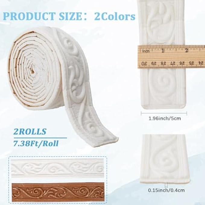 2PCS 2 COLORS 7.4FT X2IN CROWN WALL MOLDING TRIM WHITE BROWN SELF ADHESIVE PEEL AND STICK WALLPAPER BORDER GRAIN CONTACT FLEXIBLE XPE BENDABLE STRIPS TILE EDGE DIY FOR MIRROR WINDOW CEILING - Image 3