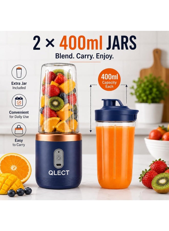 QLECT Portable Blender for Smoothies & Juices | 400ml Personal Juicer Mixer Grinder | 1500mAh USB Rechargeable Battery | 2 Jars | Stainless Steel Blades | ISI Certified | Made in India(Blue) - Image 2