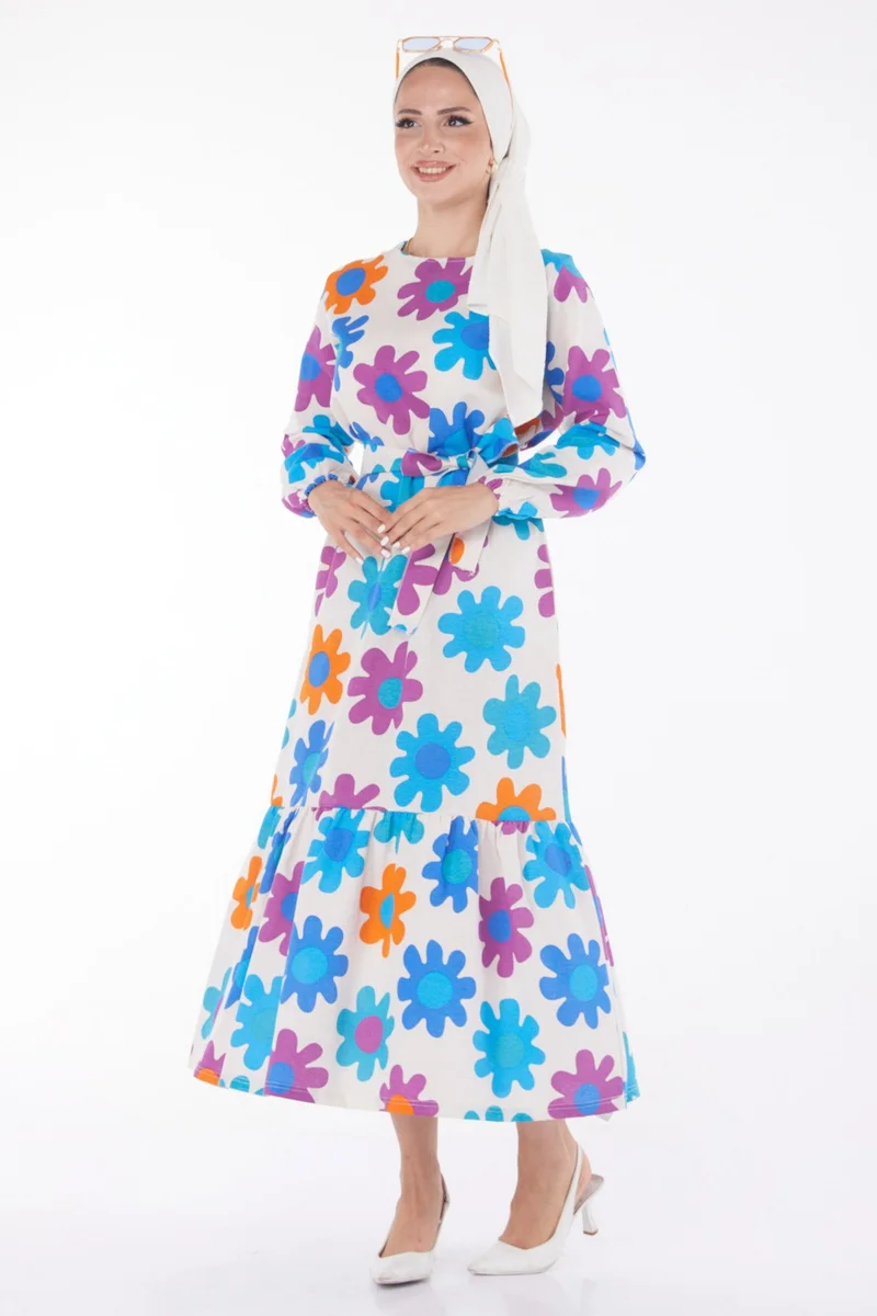 Tofisa Plain Crew Neck Women's Orange Patterned Sleeve Gathered Dress - 13242