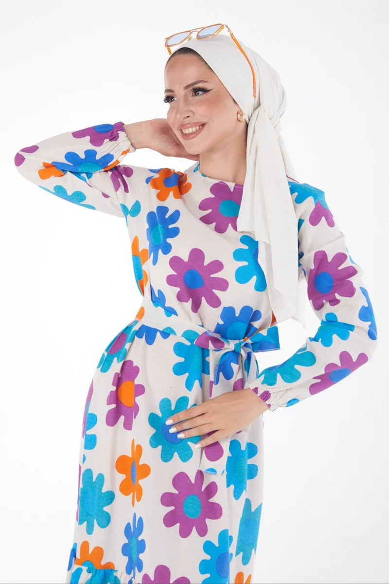 Tofisa Plain Crew Neck Women's Orange Patterned Sleeve Gathered Dress - 13242