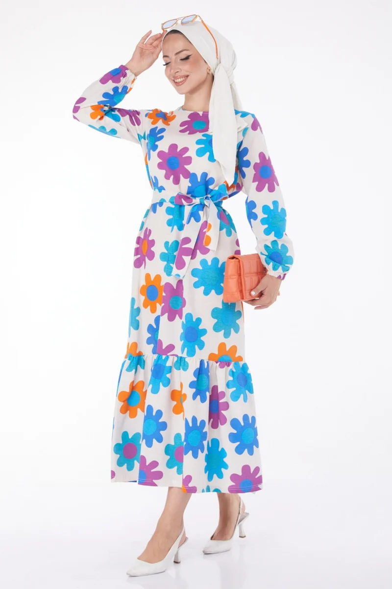 Tofisa Plain Crew Neck Women's Orange Patterned Sleeve Gathered Dress - 13242