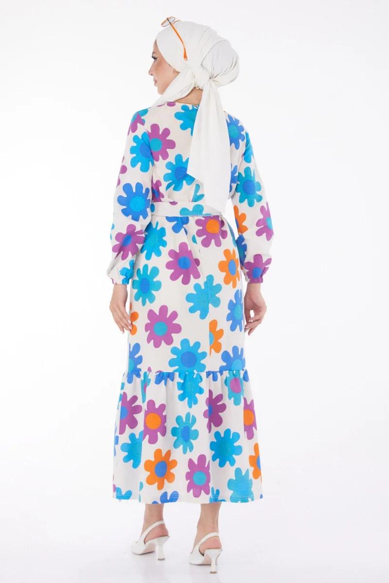 Tofisa Plain Crew Neck Women's Orange Patterned Sleeve Gathered Dress - 13242