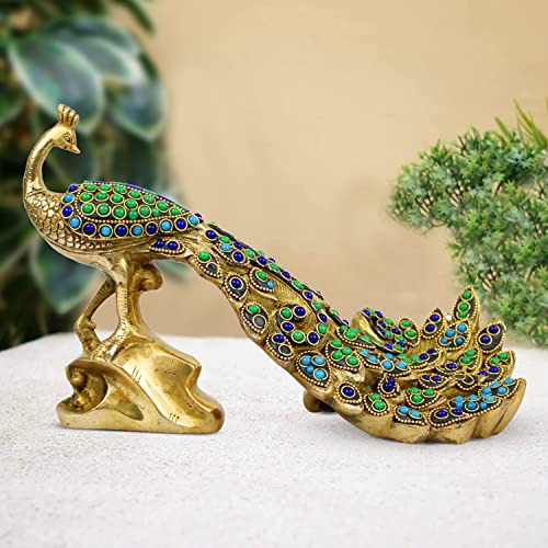Kartique Brass Unique Home Decor Item Peacock Idol for Home Decor Length 12 Inch (Green) - Image 1