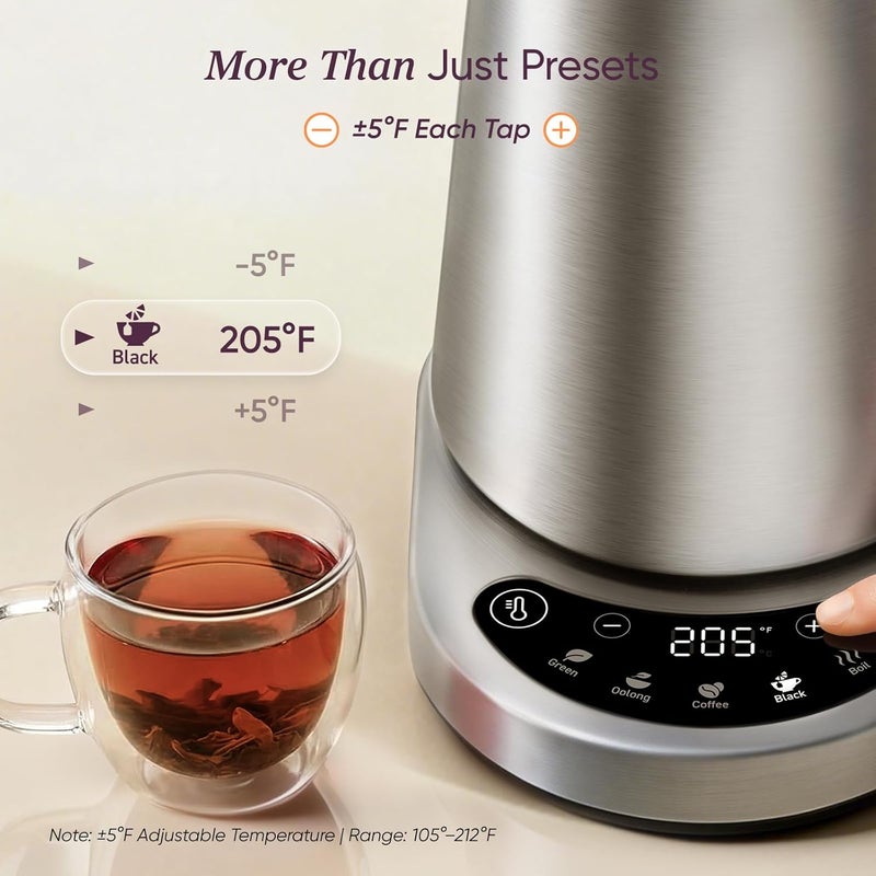 Cosori Electric Kettle with Plastic-Free Interior, 5 Presets, ±5℉ Temperature Control, Fast Boiling, 1.7L Stainless Steel - Image 3