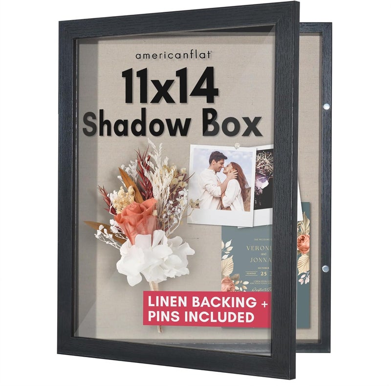 Americanflat Front Opening 11x14 Shadow Box Frame with Door in Engineered Wood - Black Shadow Box Display Case with Shatter Resistant Glass and Hanging Hardware for Wall and Tabletop Display - Image 1