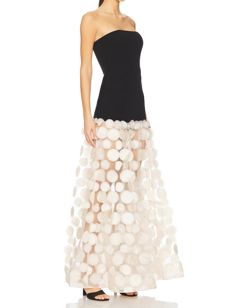 Meilun Women's Natural Strapless Dress Bustier Slim Black Top Splicing White Polka Dot Net Yarn Gown(Black,S) - Image 2