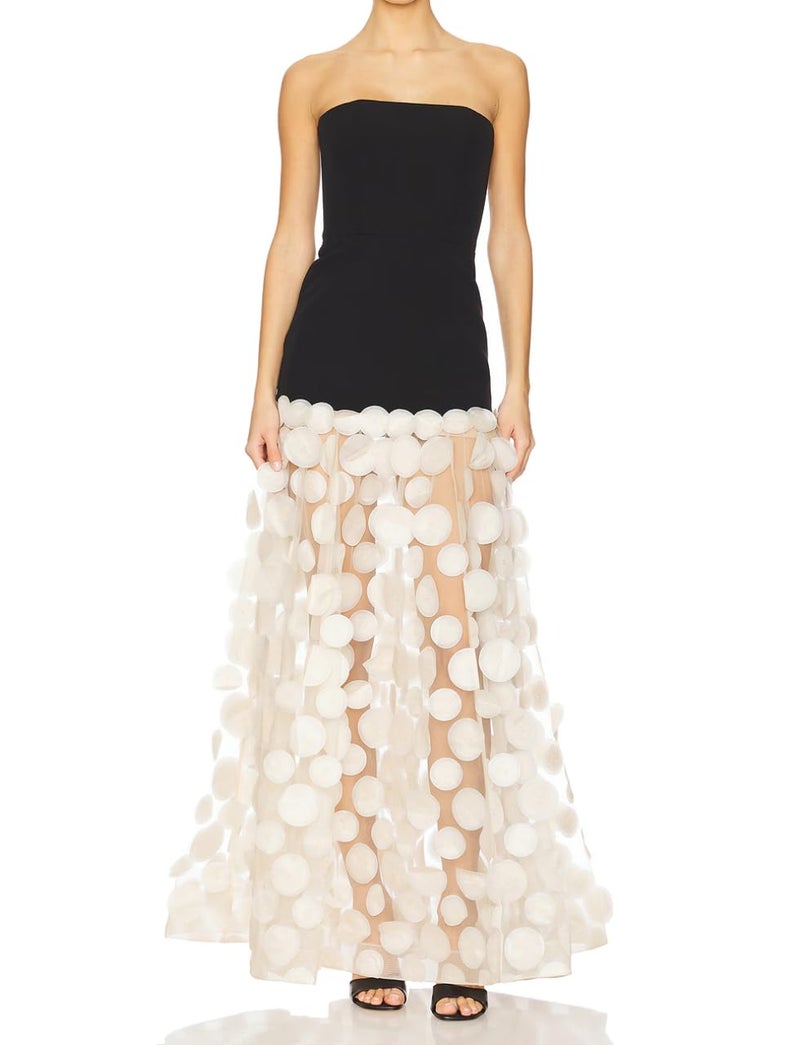 Meilun Women's Natural Strapless Dress Bustier Slim Black Top Splicing White Polka Dot Net Yarn Gown(Black,S) - Image 1