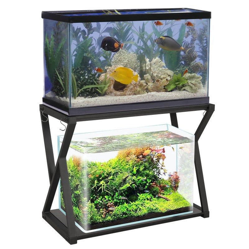 SMONTER Fish Tank Stand 40 Gallon Aquarium Stand Metal Heavy Duty 20 Gallon Turtle Tank Shelf Reptile Tank Stand with Hooks L366W185H28 Black Oak Grain Stand Only