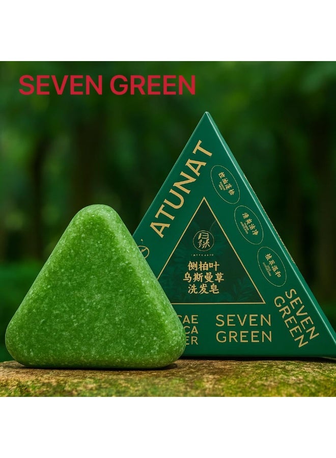 Seven Green Natural Herbal Anti-Hair Loss Shampoo Soap, Green Triangle, Scalp Care and Hair Root Strengthening - Image 1