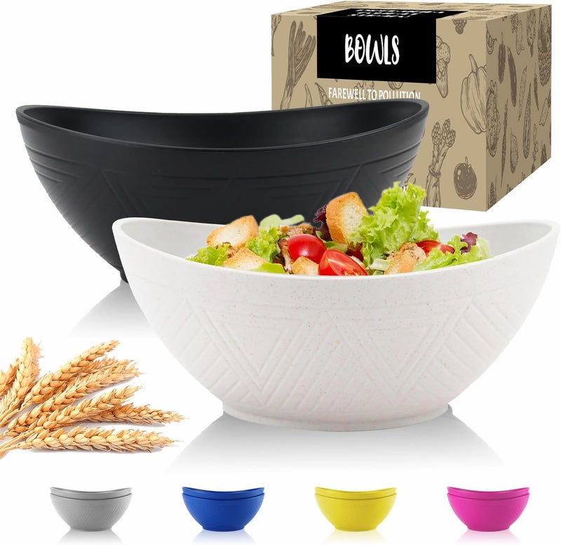 Wrova Big Wheat Straw BowlsUnbreakable Large Salad BowlsDishwasher and Microware Safe Plastic Bowls ReusableKitchen Bowl Set for SaladCerealSoup and OatmealBlack and White - Image 1