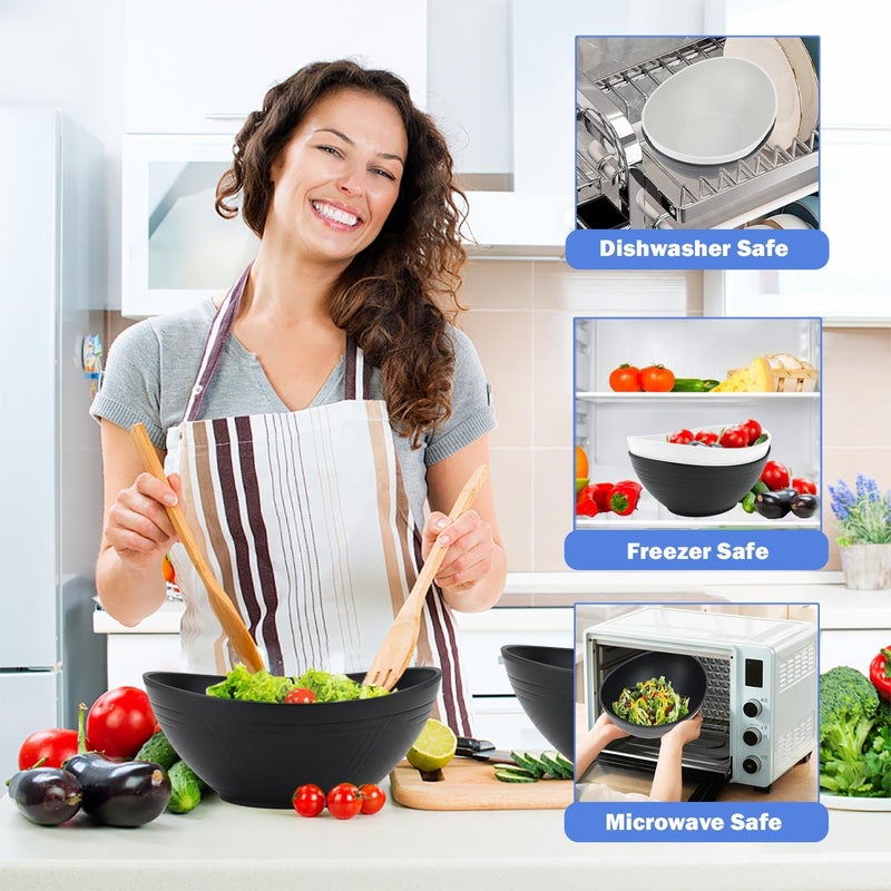 Wrova Big Wheat Straw BowlsUnbreakable Large Salad BowlsDishwasher and Microware Safe Plastic Bowls ReusableKitchen Bowl Set for SaladCerealSoup and OatmealBlack and White - Image 4