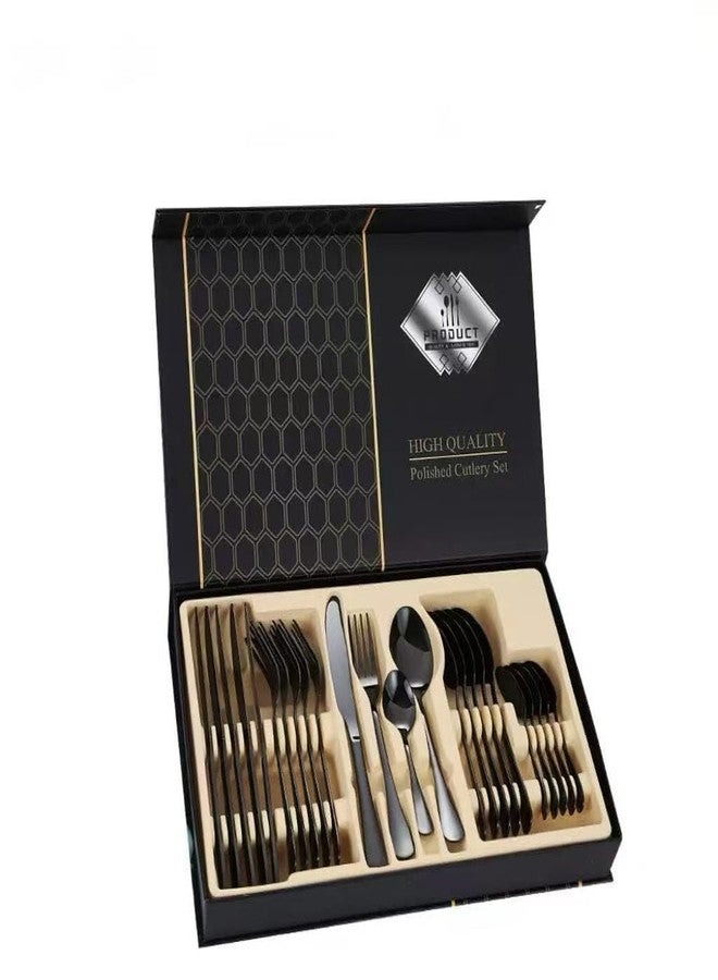 Teraabliss 24-Piece Premium Black Stainless Steel Cutlery Set with Gift Box | Matte Polished Flatware Set Including Dinner Knives, Forks, Soup & Dessert Spoons |Tableware for Home, Hotel (Black) - Image 1