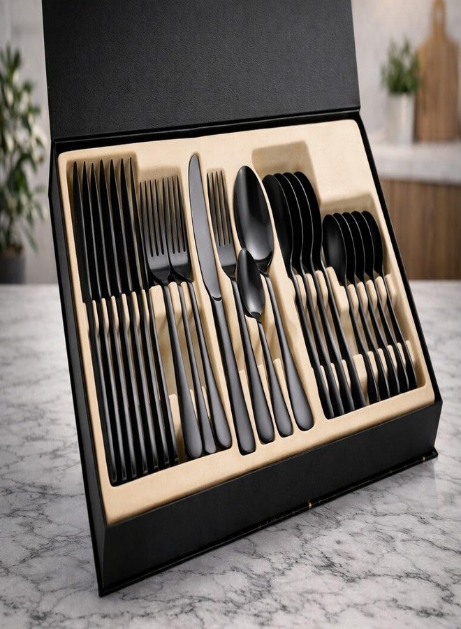 Teraabliss 24-Piece Premium Black Stainless Steel Cutlery Set with Gift Box | Matte Polished Flatware Set Including Dinner Knives, Forks, Soup & Dessert Spoons |Tableware for Home, Hotel (Black) - Image 2