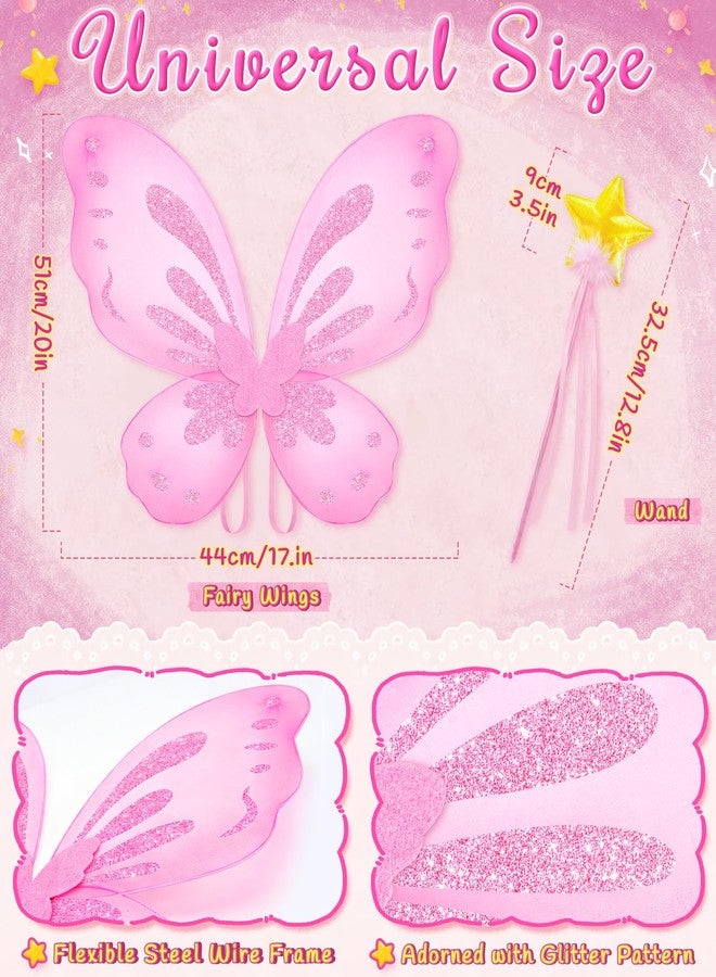 VEKDA Pink Fairy Wings Butterfly Costume for Girls Butterfly Wings with Star Fairy Wand Birthday Halloween Cosplay Dress Up - Image 2