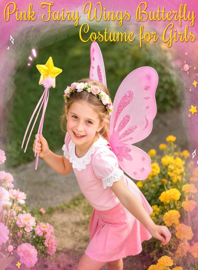 VEKDA Pink Fairy Wings Butterfly Costume for Girls Butterfly Wings with Star Fairy Wand Birthday Halloween Cosplay Dress Up - Image 4