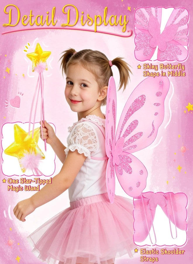 VEKDA Pink Fairy Wings Butterfly Costume for Girls Butterfly Wings with Star Fairy Wand Birthday Halloween Cosplay Dress Up - Image 3