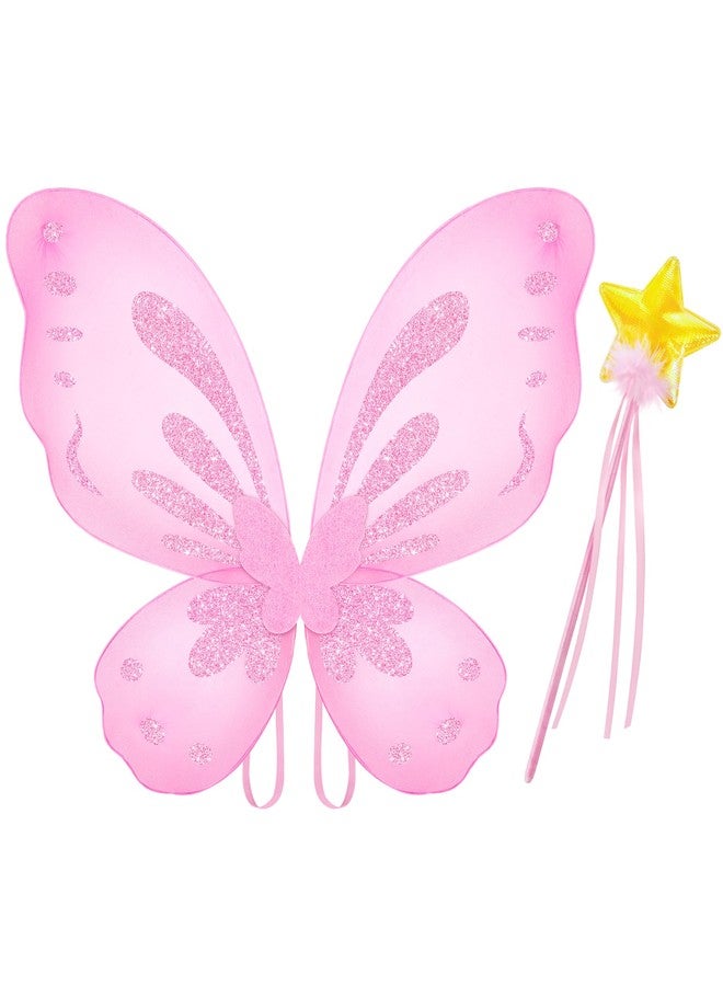 VEKDA Pink Fairy Wings Butterfly Costume for Girls Butterfly Wings with Star Fairy Wand Birthday Halloween Cosplay Dress Up - Image 1