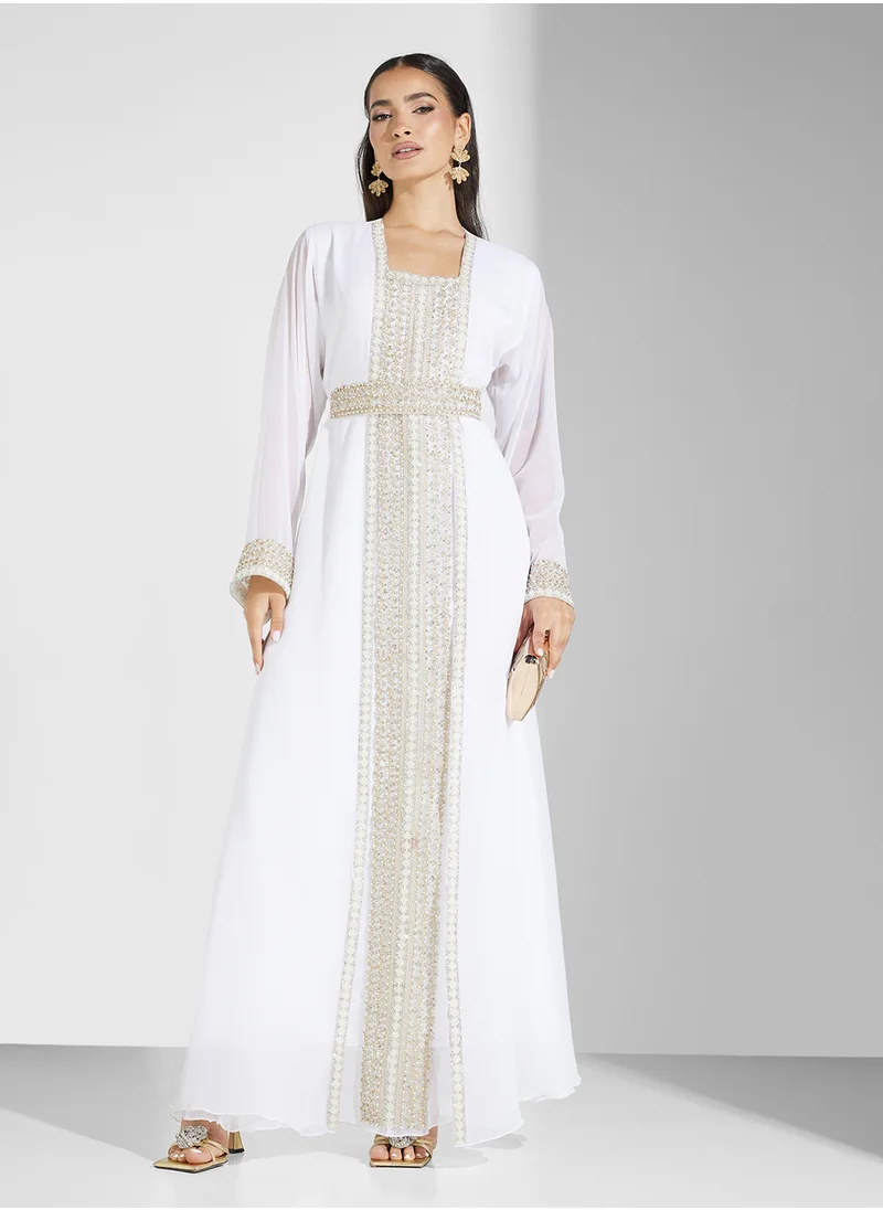 hayas closet Embroidered Neck Flared Sleeve Moroccan Dress