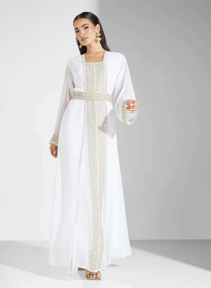 hayas closet Embroidered Neck Flared Sleeve Moroccan Dress
