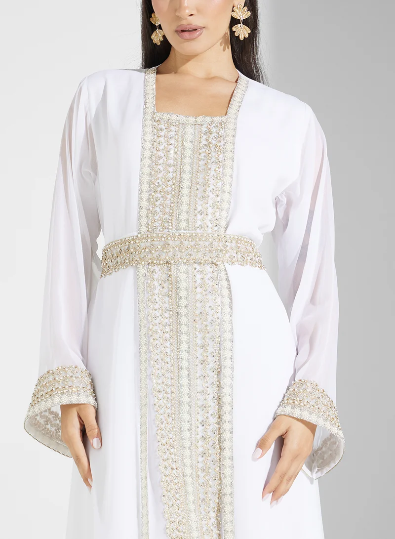 hayas closet Embroidered Neck Flared Sleeve Moroccan Dress