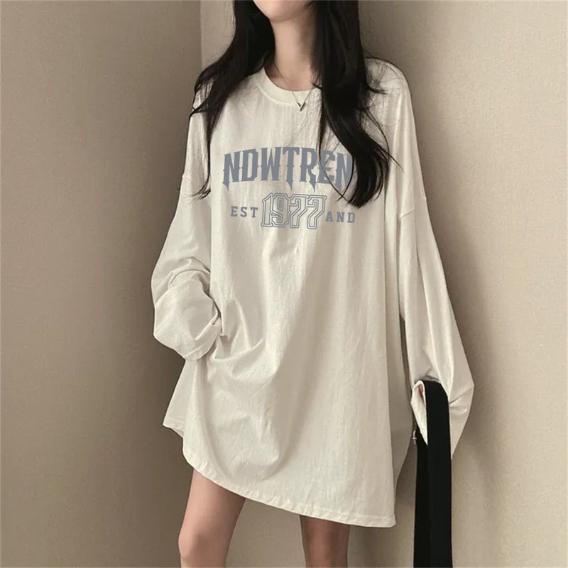 Foreign Trade Korean-style T-shirt Printed Men's and Women's Loose Japanese All-match Top Fashion Brand Round Neck 100 Cotton Autumn Mid-length - Image 5