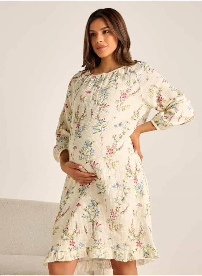 FAV Floral Print Maternity Night Dress with Long Sleeves