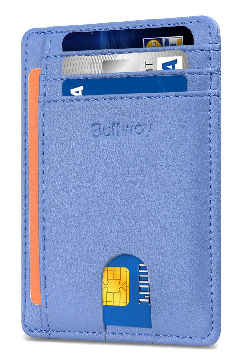 Buffway Slim Minimalist Front Pocket RFID Blocking Leather Wallets for Men and Women - Sand Wathet Blue - Image 1