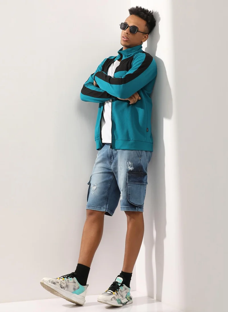 Campus Sutra Men's Teal Blue Zip-Front Jacket With Contrast Detail