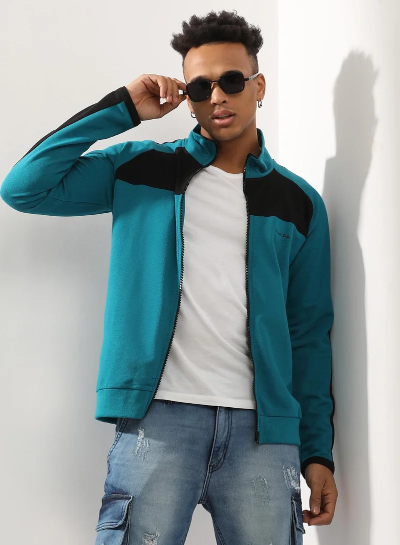 Campus Sutra Men's Teal Blue Zip-Front Jacket With Contrast Detail