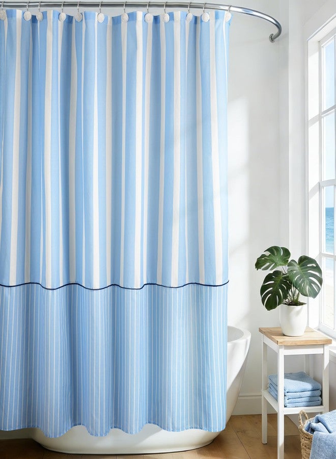 Sunlit Farmhouse Fabric Shower Curtain, Blue and White Stripes Patchwork Shower Curtains for Natural Country Bathroom Decoration, Modern Style Refreshing Striped Design Bathroom Decor, 72" x 72" - Image 1