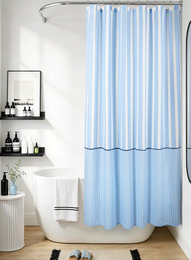 Sunlit Farmhouse Fabric Shower Curtain, Blue and White Stripes Patchwork Shower Curtains for Natural Country Bathroom Decoration, Modern Style Refreshing Striped Design Bathroom Decor, 72" x 72" - Image 5