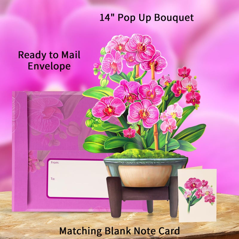 Airpark Pop Up Flower Card, 3D Paper Flowers Bouquet, Birthday, Thank You, Get Well Greeting Cards with Note Card & Envelope, Orchids - Image 3