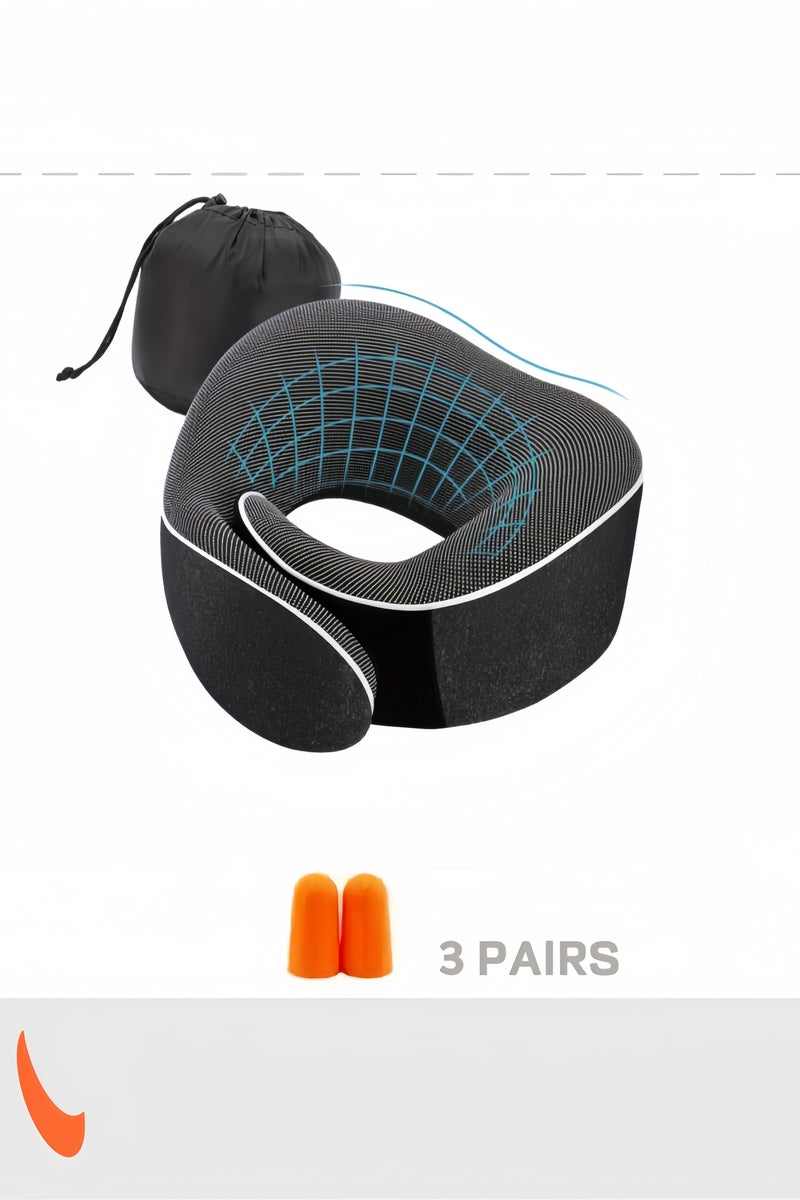 وسائد العنق للسفر (مصنوعة من إسفنج الذاكرة النقي 100%) | وسادة رقبة للطائرة، دعامة رقبة على شكل حرف U من إسفنج الذاكرة، تصميم مريح | أفضل وسادة محيطة بالرقبة بالكامل للنوم في السيارة/المكتب/المنزل مع حقيبة تخزين | 3 أزواج من سدادات الأذن للنوم (أسود) - Image 1