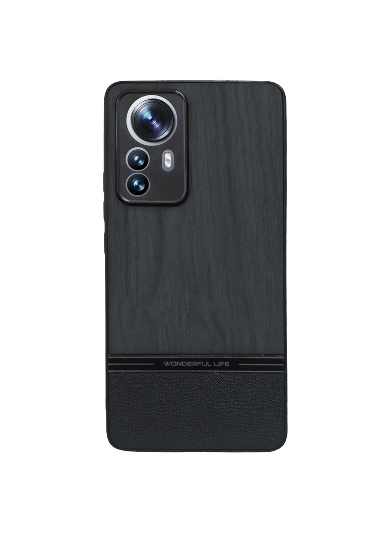 Elmo3ezz Shockproof Wood Grain Skin PU and TPU Shockproof Luxury Phone Case for Xiaomi 12 pro (Black) - Image 1