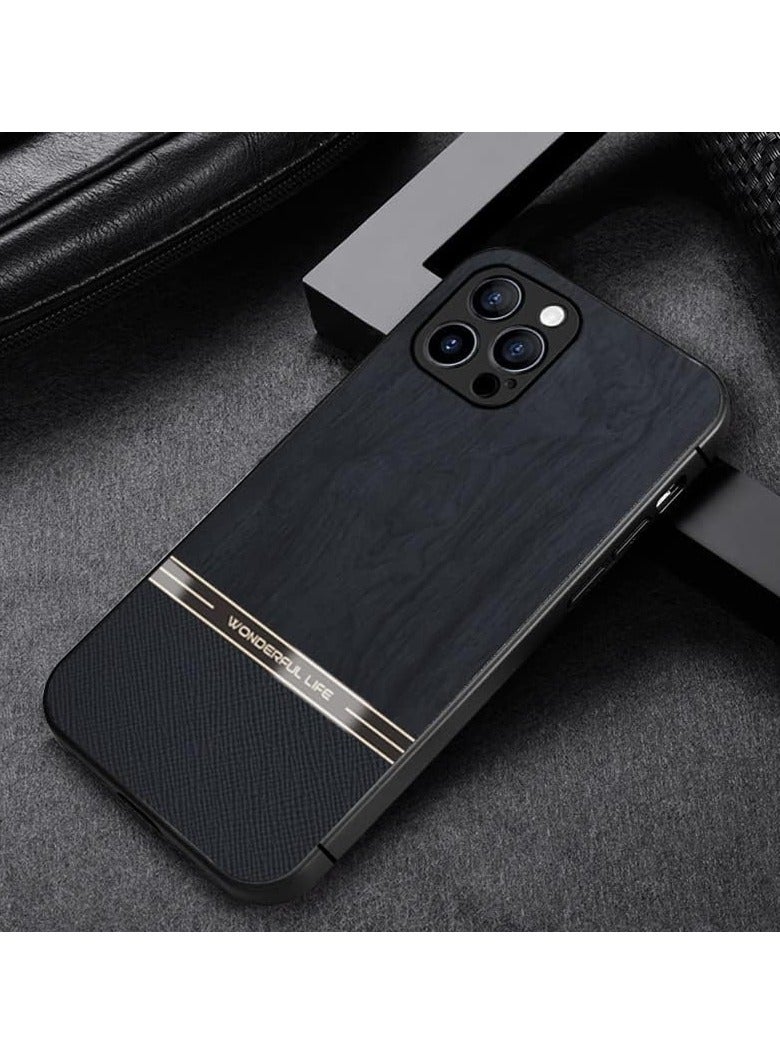 Elmo3ezz Shockproof Wood Grain Skin PU and TPU Shockproof Luxury Phone Case for Xiaomi 12 pro (Black) - Image 3