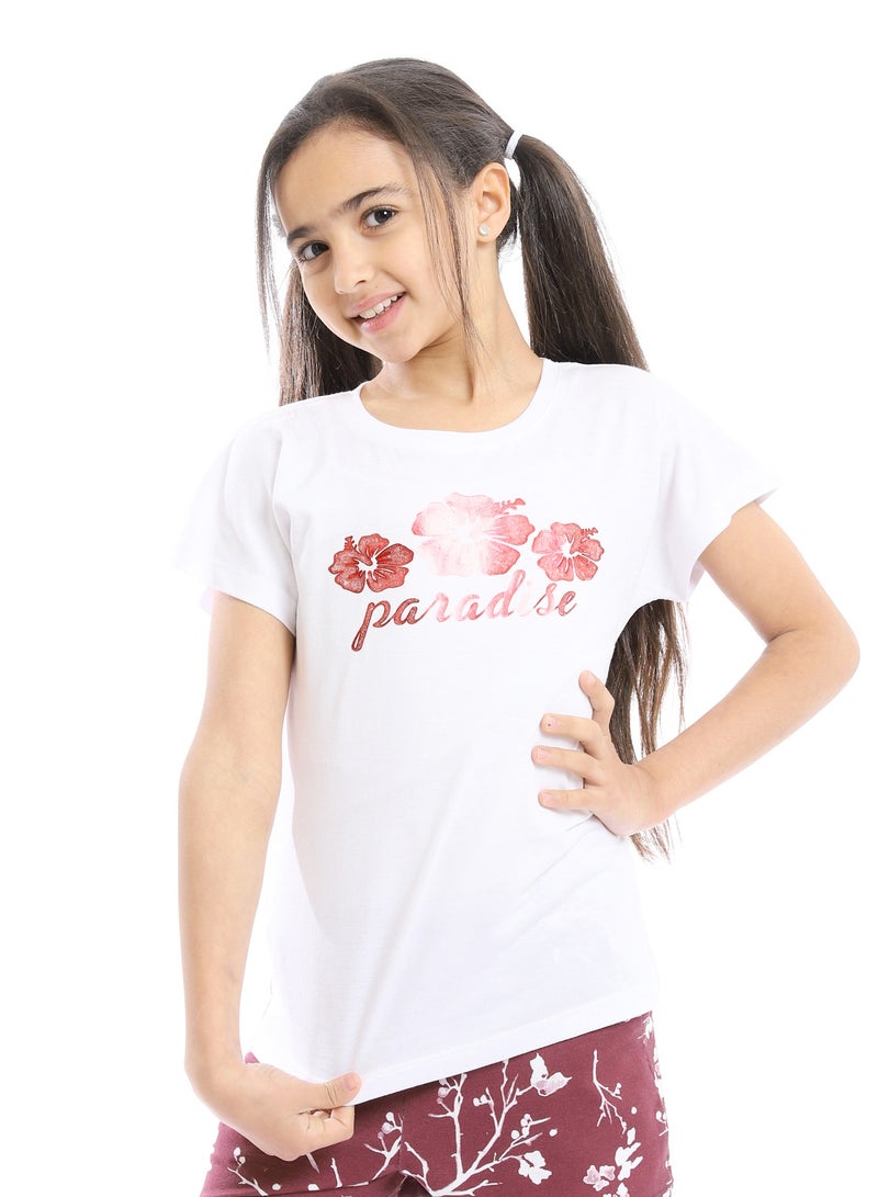 REDCOTTON Girls Printed Paradise White Tee & Maroon Shorts Pajama Set  - Image 3