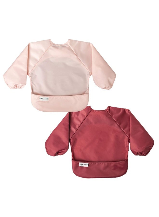 Tiny Twinkle Mess Proof Baby Bibs, 2pk Waterproof Smock Baby Bibs for Eating, Machine Washable Long Sleeve Bibs, Baby Led Weaning, Toddler Bibs, BLW Supplies (Rose Burgundy, Small 6-24 Months) - Image 1