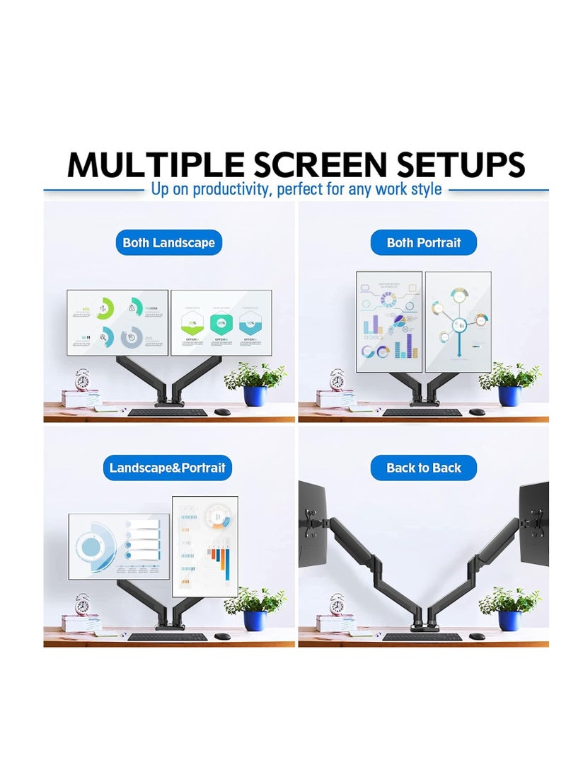 ELTRAZONE Versatile Dual Monitor Mount - Adjustable Gas Spring Arm Stand for Enhanced Workspace Ergonomics - Clamp or Grommet Base - Supports 13 to 32 Inch Monitors"  - Image 2