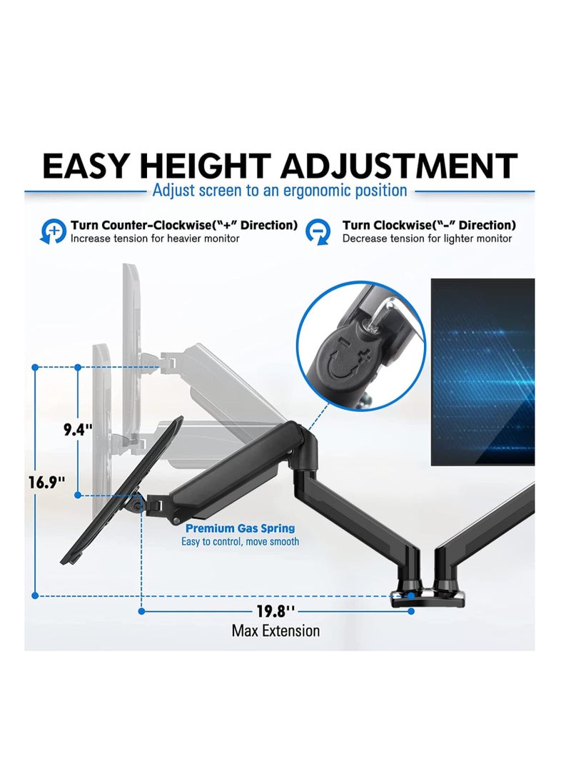 ELTRAZONE Versatile Dual Monitor Mount - Adjustable Gas Spring Arm Stand for Enhanced Workspace Ergonomics - Clamp or Grommet Base - Supports 13 to 32 Inch Monitors"  - Image 5