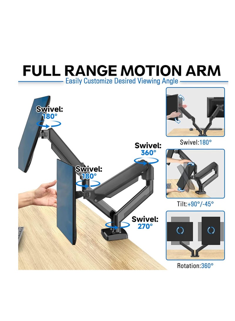 ELTRAZONE Versatile Dual Monitor Mount - Adjustable Gas Spring Arm Stand for Enhanced Workspace Ergonomics - Clamp or Grommet Base - Supports 13 to 32 Inch Monitors"  - Image 3