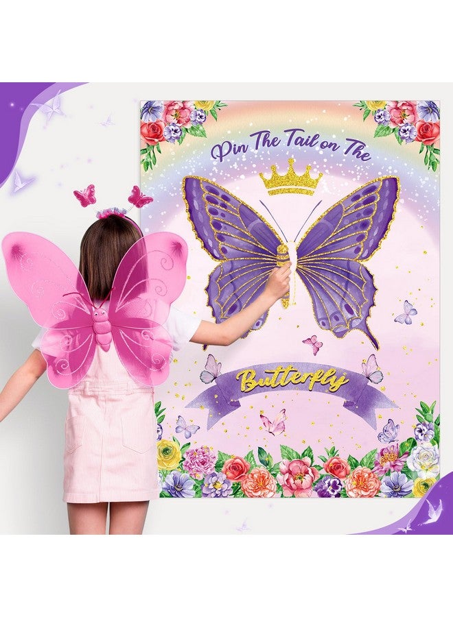 Faccito Butterfly Pin The Tail Game Butterflies Game Birthday Party Decorations Supplies Flowers Butterfly With 21 X 28 In Poster 24 Stickers Blindfold For Butterfly Theme Favors(Purple) - Image 5