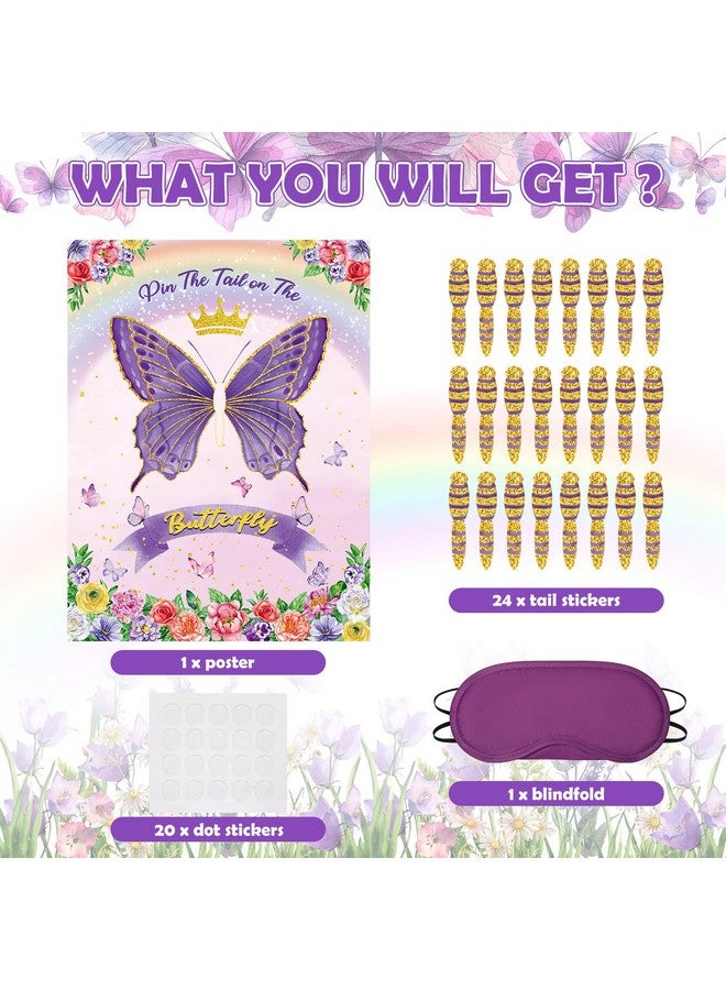 Faccito Butterfly Pin The Tail Game Butterflies Game Birthday Party Decorations Supplies Flowers Butterfly With 21 X 28 In Poster 24 Stickers Blindfold For Butterfly Theme Favors(Purple) - Image 3