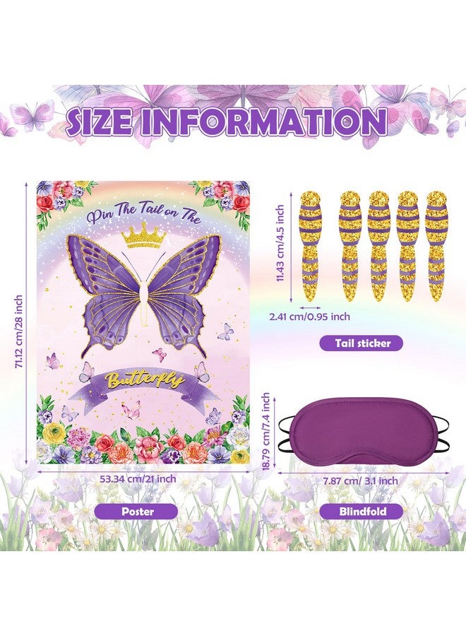 Faccito Butterfly Pin The Tail Game Butterflies Game Birthday Party Decorations Supplies Flowers Butterfly With 21 X 28 In Poster 24 Stickers Blindfold For Butterfly Theme Favors(Purple) - Image 2