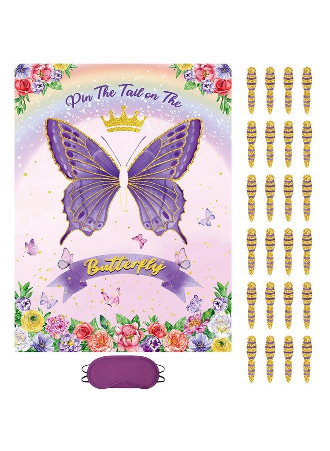 Faccito Butterfly Pin The Tail Game Butterflies Game Birthday Party Decorations Supplies Flowers Butterfly With 21 X 28 In Poster 24 Stickers Blindfold For Butterfly Theme Favors(Purple) - Image 1