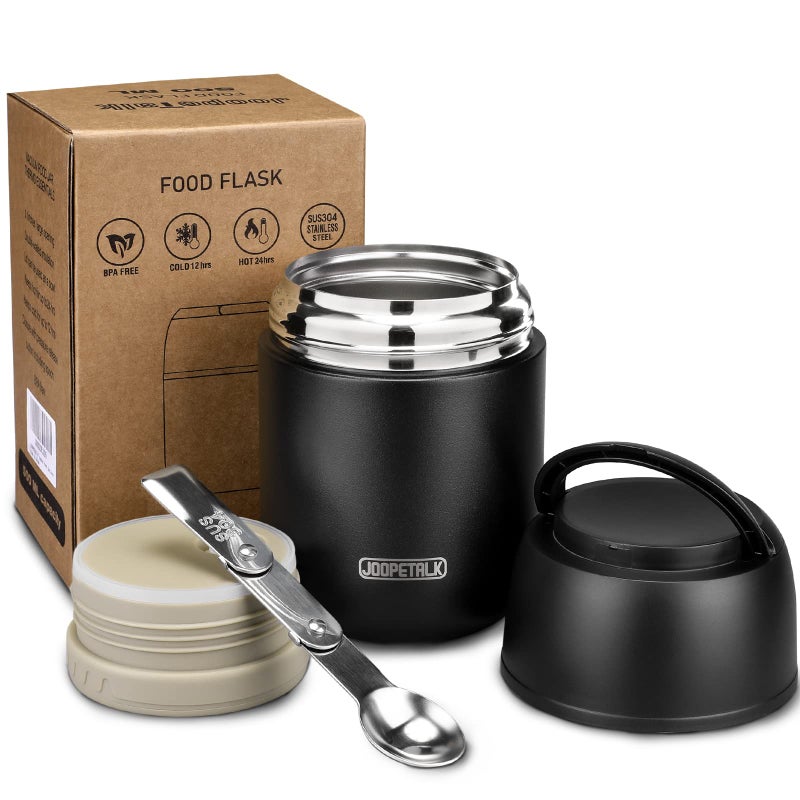 JOOPETALK 17 oz Insulated Lunch Containers Black Vacuum Stainless Steel Thermo Lunch Box with Handle and Folding Spoon for School Office Travel